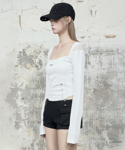 Bust Line Pintuck Detail Long Sleeve (White)