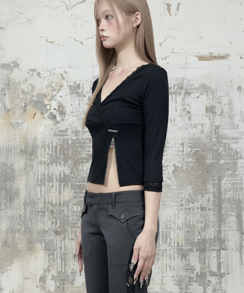 Lace Trim Button Wrap Long Sleeve (Black)