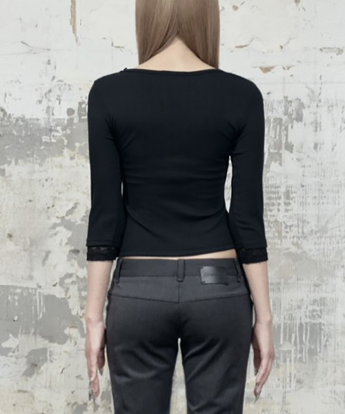 Lace Trim Button Wrap Long Sleeve (Black)
