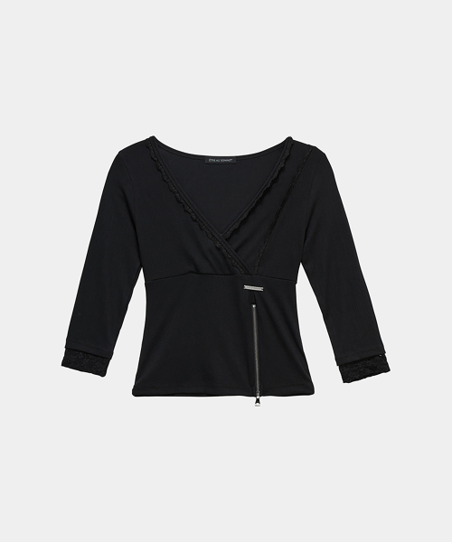 Lace Trim Button Wrap Long Sleeve (Black)