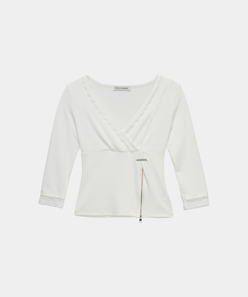 Lace Trim Button Wrap Long Sleeve (White)
