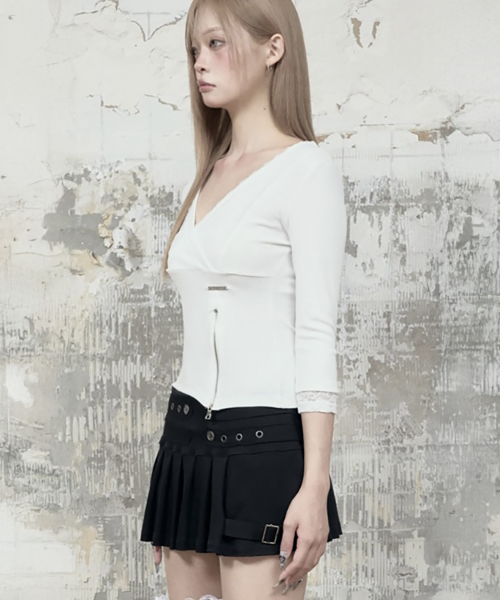Lace Trim Button Wrap Long Sleeve (White)