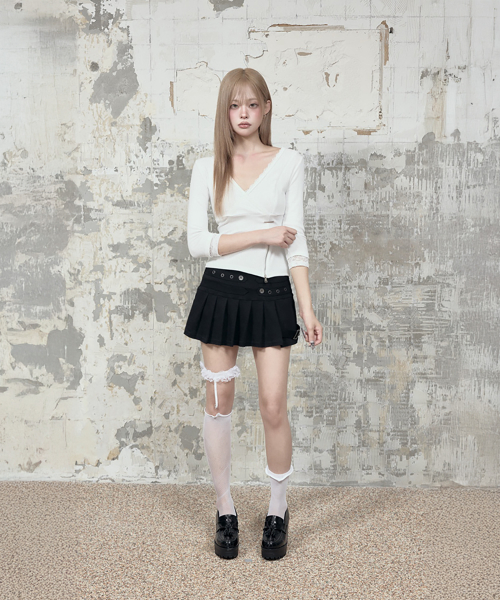 Lace Trim Button Wrap Long Sleeve (White)