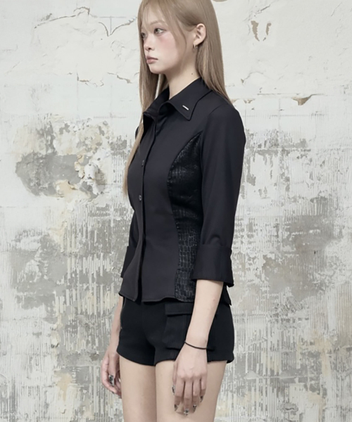 Jacquard Corset Line Pocket Shirt (Black)