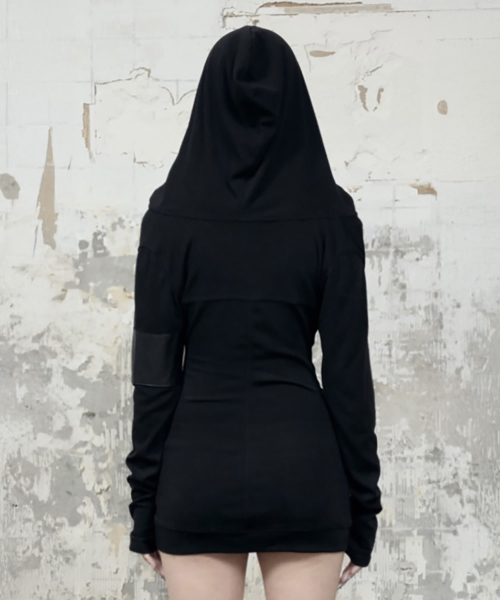 Hood Layer Shirring Mini One-Piece (Black)