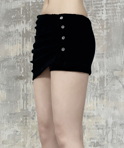 Velvet Button Shirring Mini Skirt (Black)