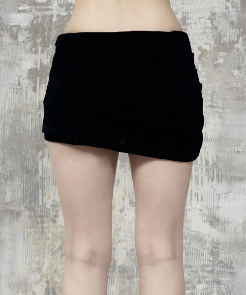 Velvet Button Shirring Mini Skirt (Black)