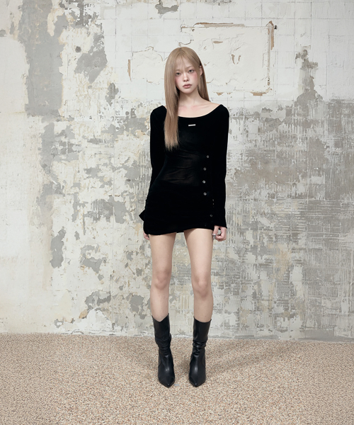 Velvet Button Shirring Mini Skirt (Black)
