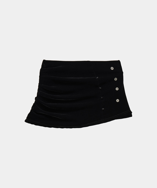 Velvet Button Shirring Mini Skirt (Black)
