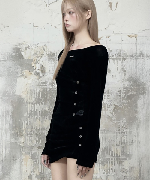 Velvet Button Shirring Slim Long Sleeve (Black)