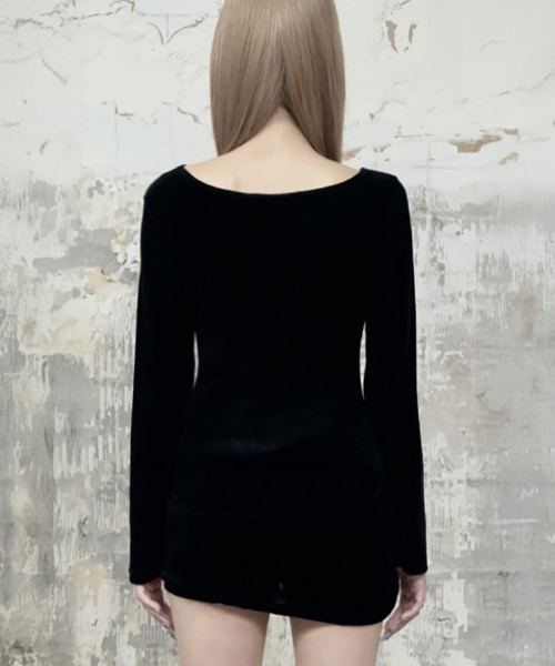 Velvet Button Shirring Slim Long Sleeve (Black)