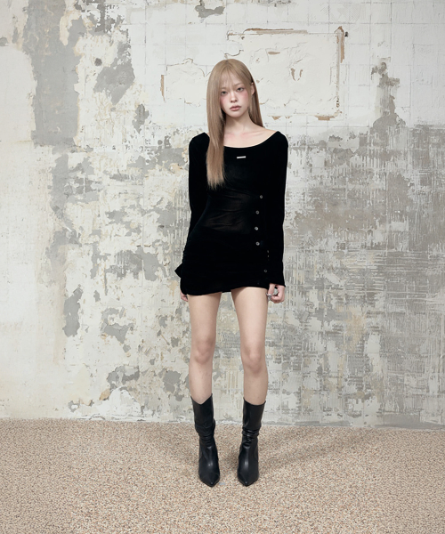 Velvet Button Shirring Slim Long Sleeve (Black)