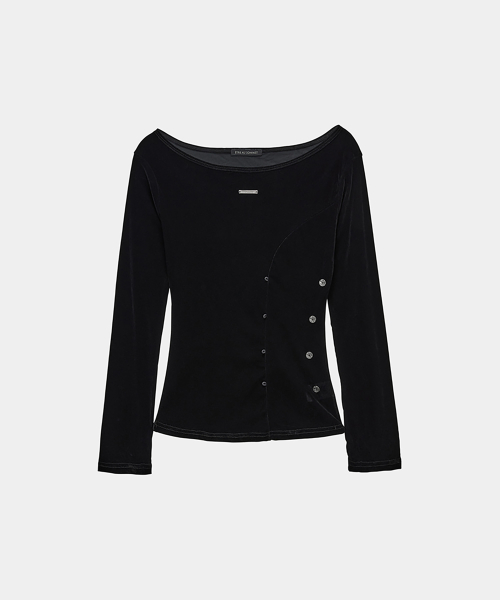 Velvet Button Shirring Slim Long Sleeve (Black)