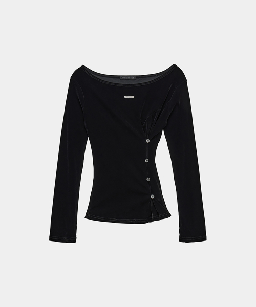Velvet Button Shirring Slim Long Sleeve (Black)