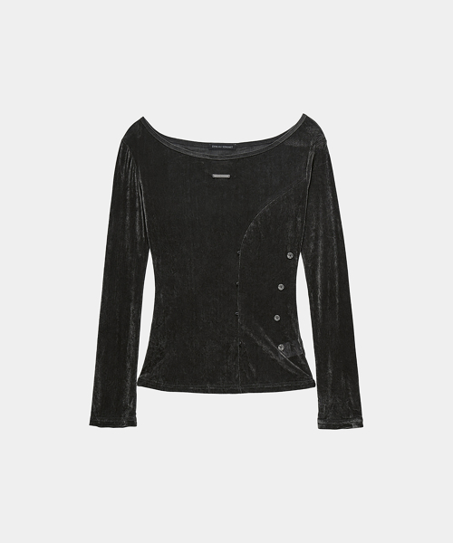 Velvet Button Shirring Slim Long Sleeve (Charcoal)