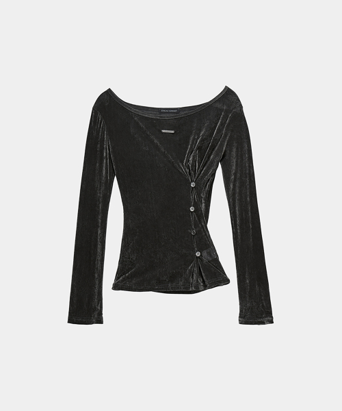 Velvet Button Shirring Slim Long Sleeve (Charcoal)
