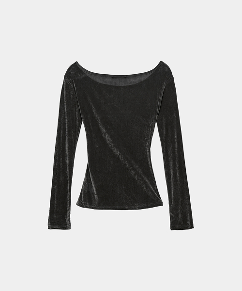Velvet Button Shirring Slim Long Sleeve (Charcoal)