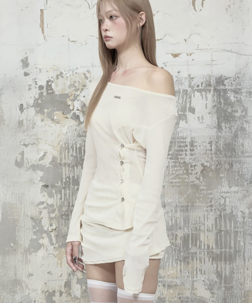 Velvet Button Shirring Slim Long Sleeve (Ivory)