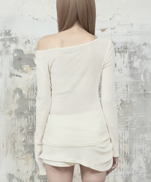 Velvet Button Shirring Slim Long Sleeve (Ivory)