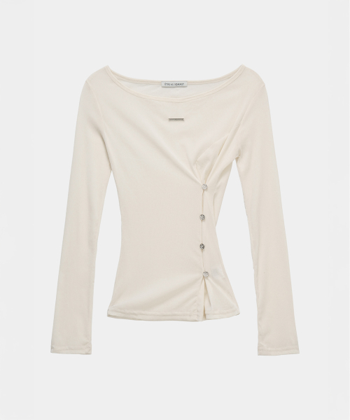 Velvet Button Shirring Slim Long Sleeve (Ivory)