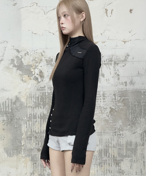 Lace Layer High Neck Slim Long Sleeve (Black)