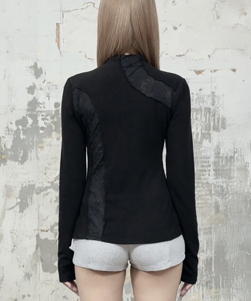 Lace Layer High Neck Slim Long Sleeve (Black)