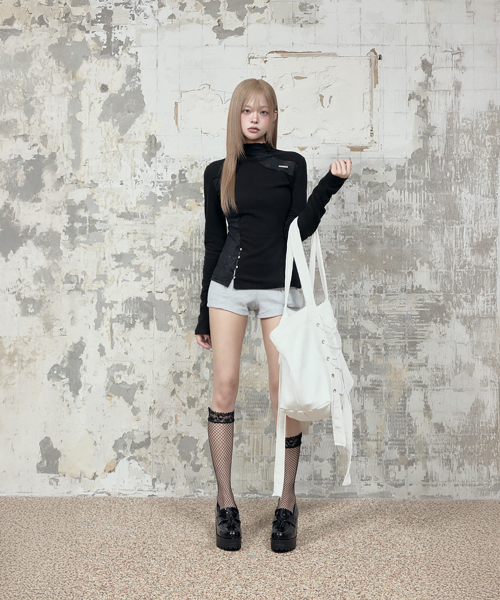Lace Layer High Neck Slim Long Sleeve (Black)