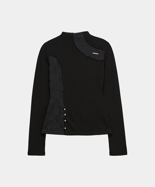 Lace Layer High Neck Slim Long Sleeve (Black)
