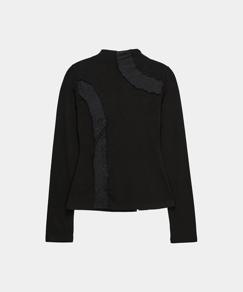 Lace Layer High Neck Slim Long Sleeve (Black)