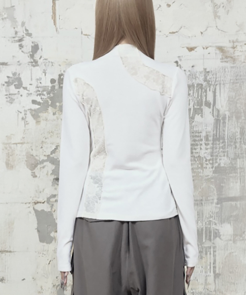 Lace Layer High Neck Slim Long Sleeve (White)