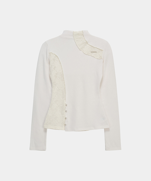 Lace Layer High Neck Slim Long Sleeve (White)