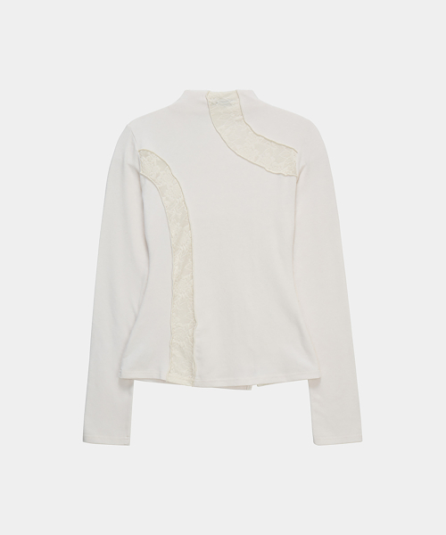 Lace Layer High Neck Slim Long Sleeve (White)