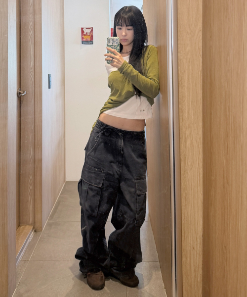 GP193 스터드 빈티지 언밸런스 카고 레귤러 코튼 팬츠 (NAVY)