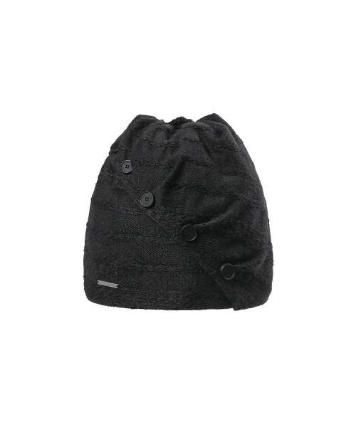 Drawstring cowl button beanie BLACK