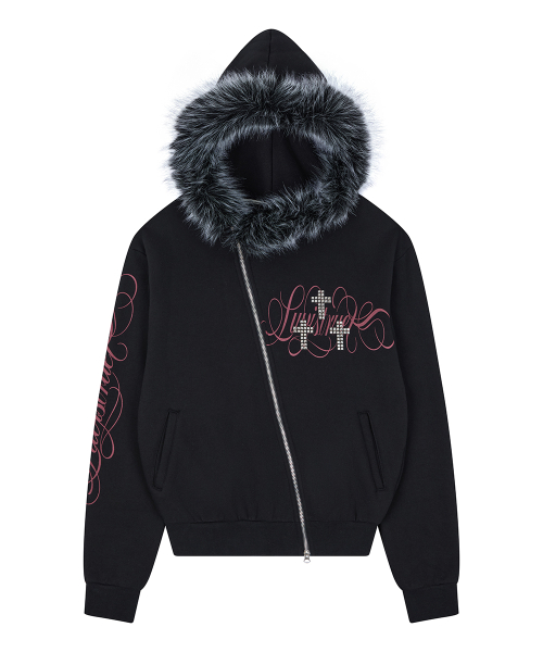 RL CROSS LETTERING FUR HOOD ZIP UP(BLACK)