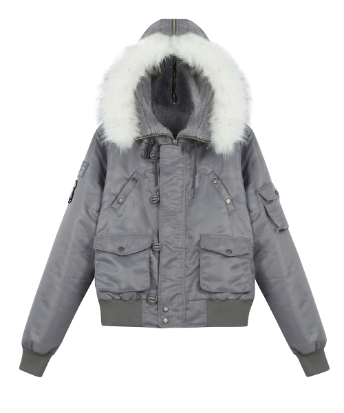 RL FUR TRIM PATCH BOMBER JACKET(GRAY)