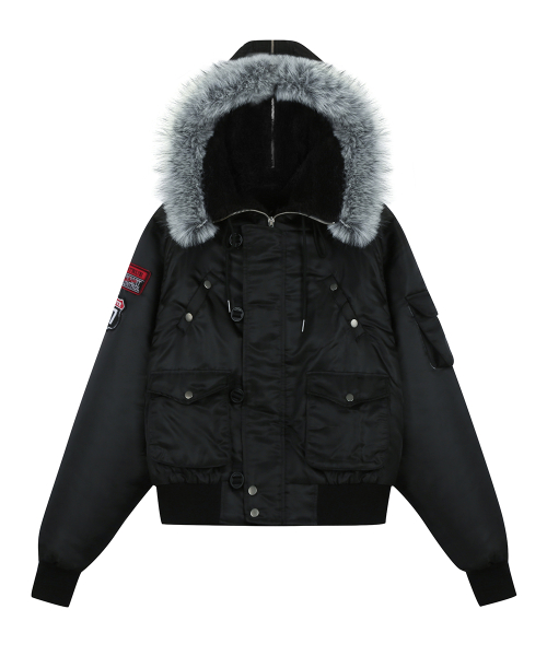 RL FUR TRIM PATCH BOMBER JACKET(BLACK)