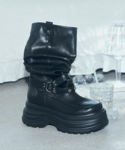 3300 SLOUCHY Platform Leather Boots Black OZPUGA393A