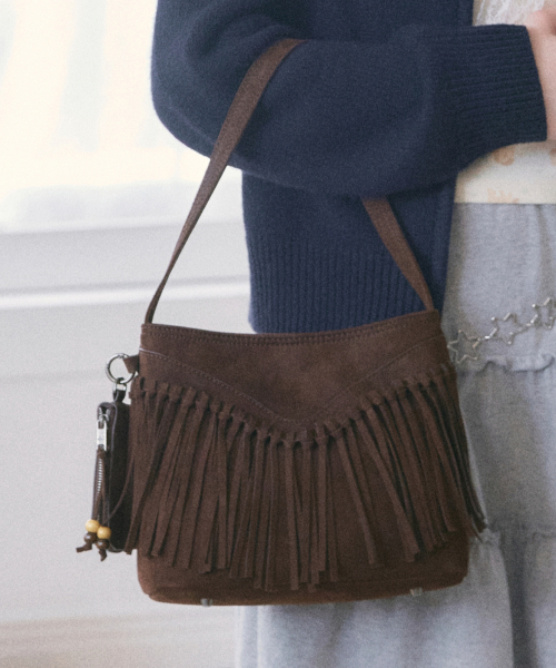 Western Fringe Suede Bucket Shoulder Bags Brown OZBGGA301N