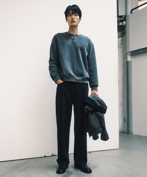 100 Cotton Gray Pigment Henley Neck Oversized Sweatshirt