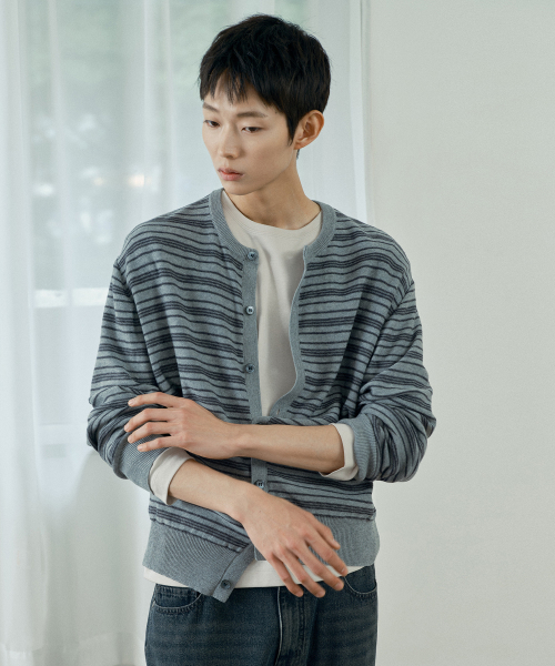 [COUTURE]Washable Stripe Round Semi-Overfit Cardigan - 2color