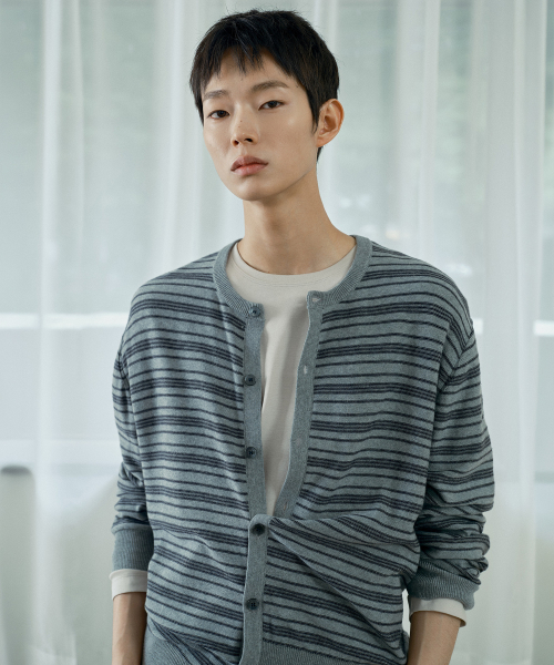 [COUTURE]Washable Stripe Round Semi-Overfit Cardigan - 2color