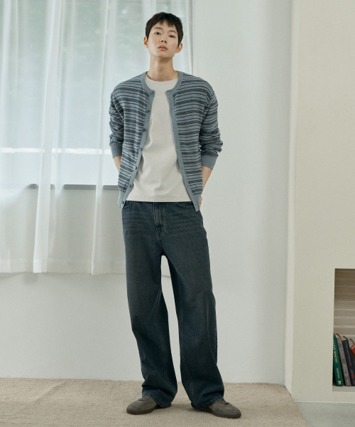 [COUTURE]Washable Stripe Round Semi-Overfit Cardigan - 2color