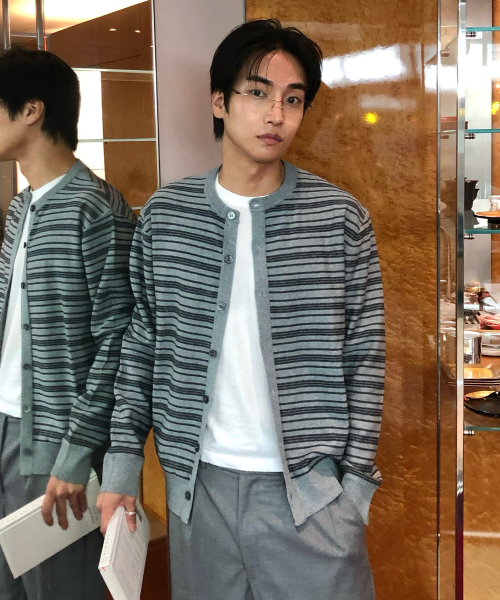 [COUTURE]Washable Stripe Round Semi-Overfit Cardigan - 2color