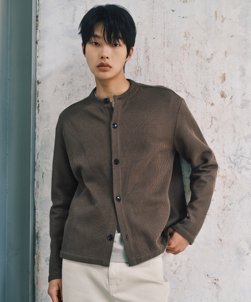 Bone-structured Sakariba khaki round-neck cardigan