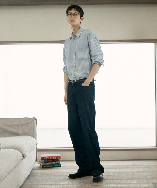 Wide ribbed dark indigo denim pants_DI