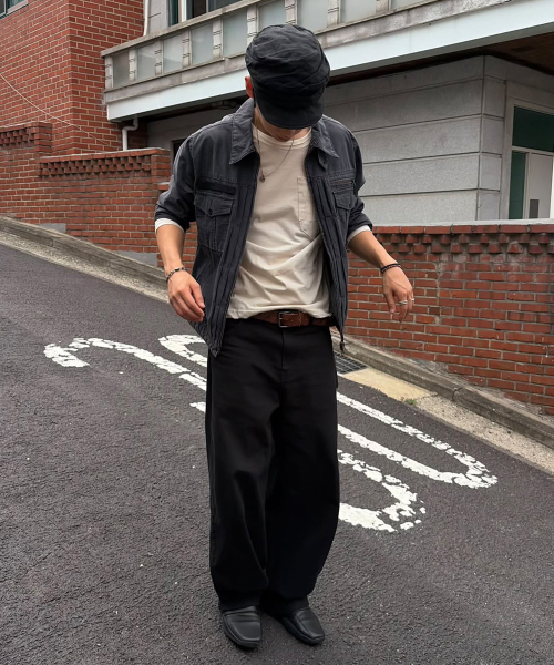 [ON]100 Cotton Curved Wide Cotton Daily Denim Pants 3color