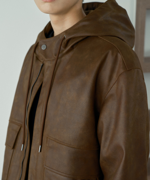 [COUTURE]Brown Leather Oversized Hooded Jumper