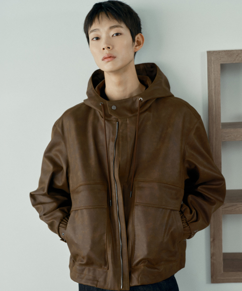 [COUTURE]Brown Leather Oversized Hooded Jumper
