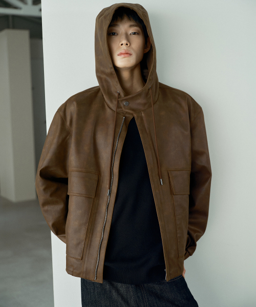 [COUTURE]Brown Leather Oversized Hooded Jumper